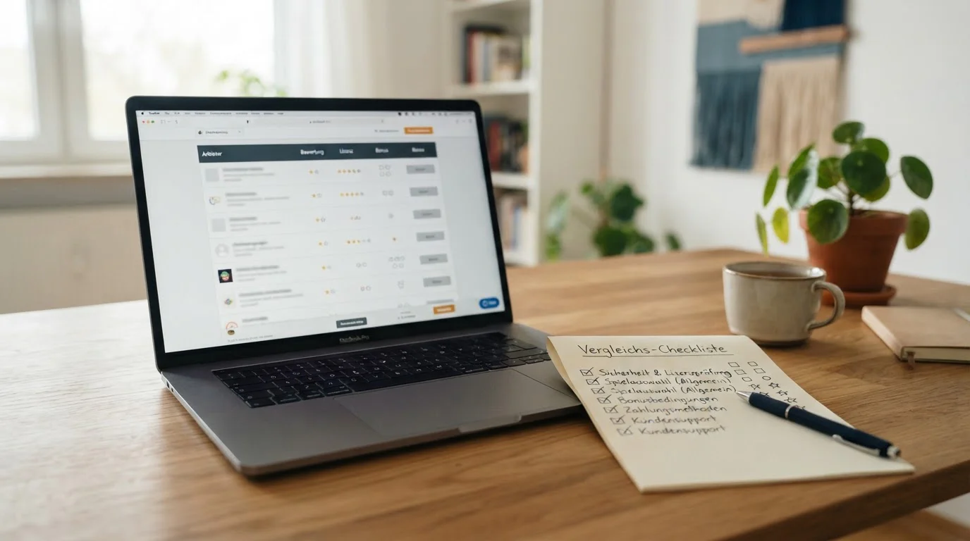 Schreibtisch mit Laptop und neutralem Freispiele-Vergleich