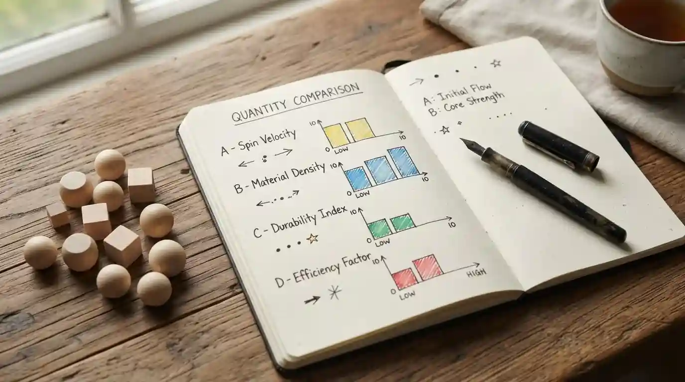 Schreibtisch mit handschriftlicher Gegenüberstellung von 20, 30, 40 und 50 Drehungen