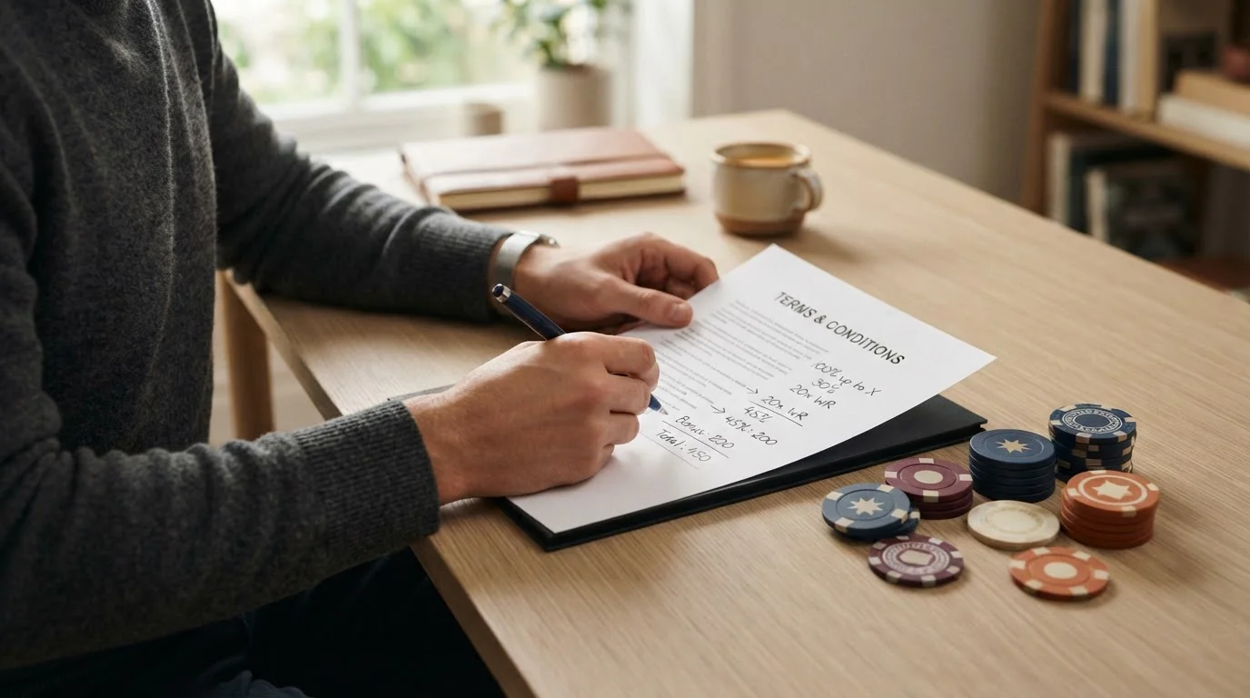 Tabelle mit neutralen Bonusbedingungen und handschriftlicher Prozentrechnung