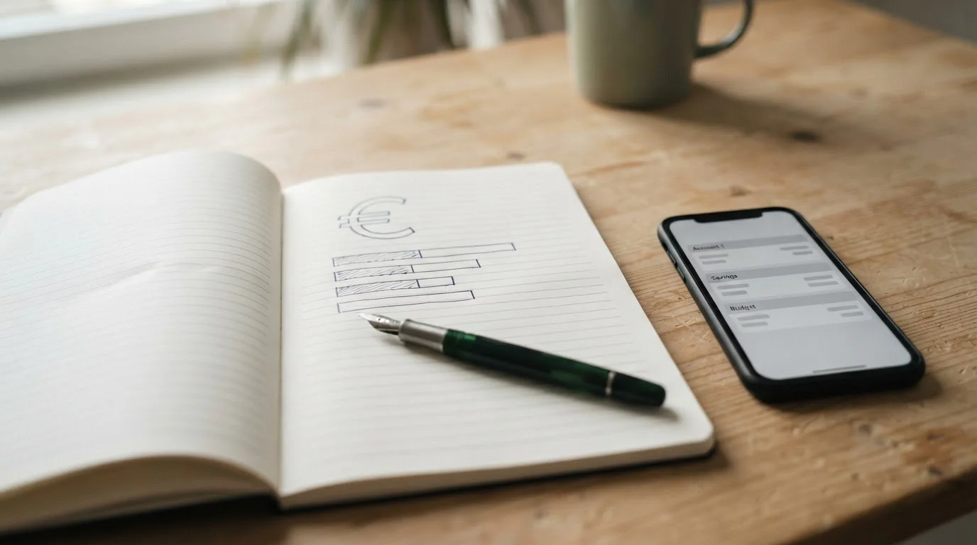 Notizbuch mit handschriftlicher Budgetnotiz und Euro-Zeichen neben einem Smartphone mit neutraler Kontoübersicht