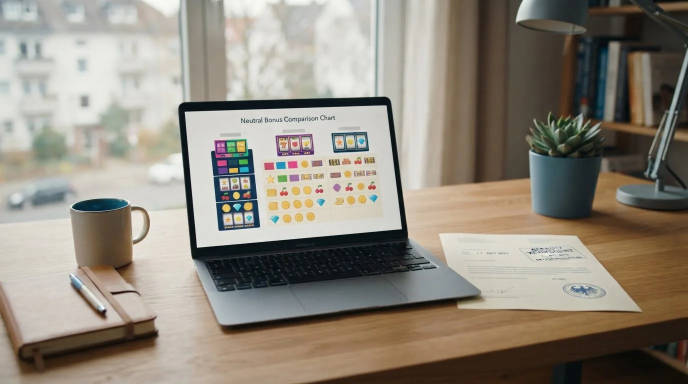 Schreibtisch mit Laptop und neutralem Freispiele-Vergleich für Deutschland