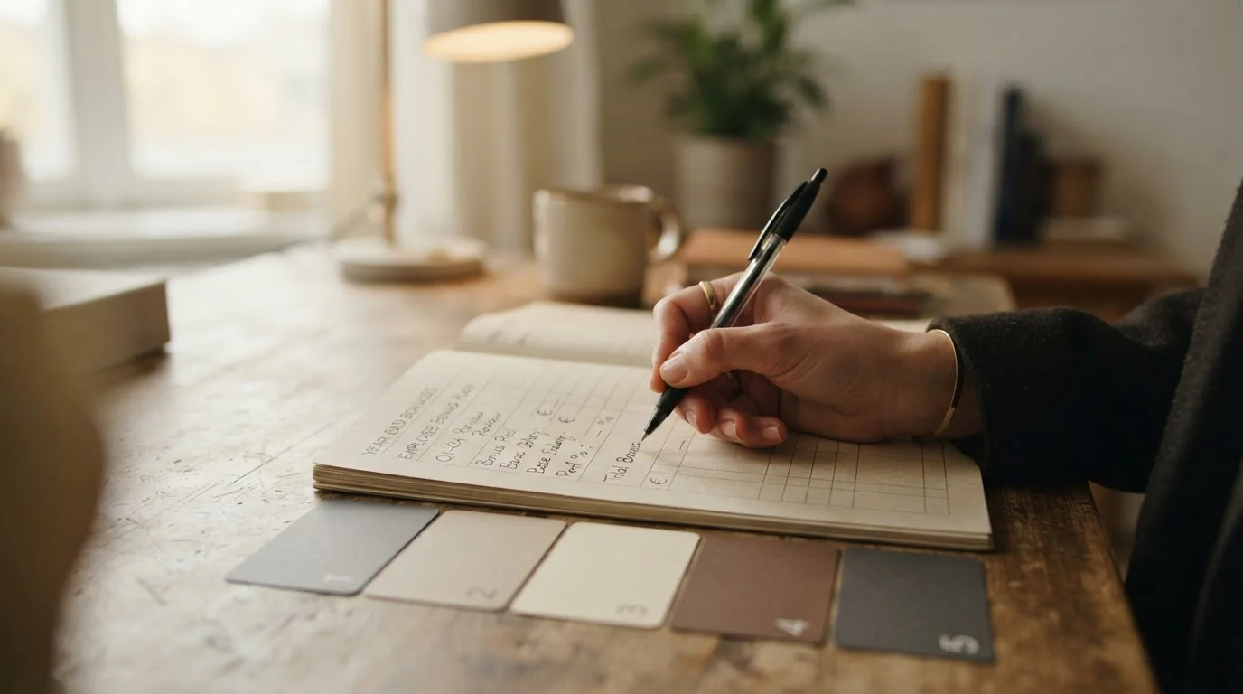 Handschriftliche Bonusrechnung mit Eurozeichen und mehreren Einzahlungsstufen