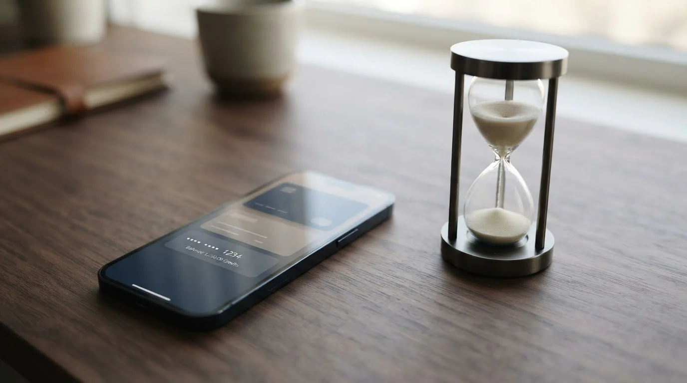 Smartphone mit Krypto-Wallet und Sanduhr als Sinnbild für die Auszahlungsdauer bei ADA-Casinos