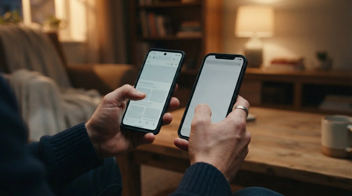 Person prüft eine neutrale mobile Webseite auf Android und iPhone