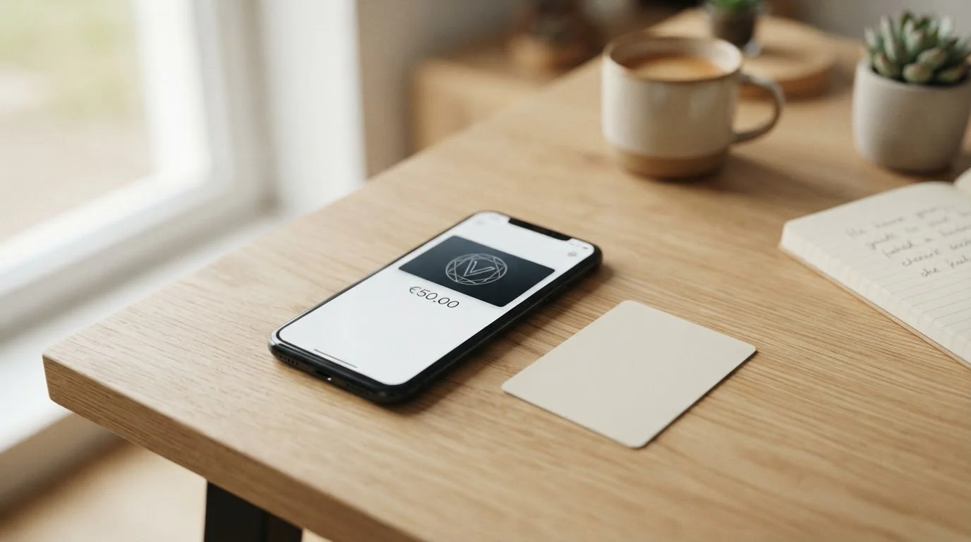 Prepaid-Guthaben als E-Geld in einer schlanken Wallet-App auf dem Tisch