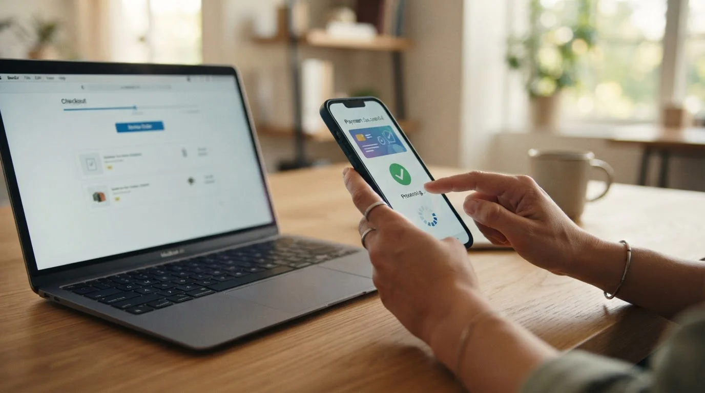 Schrittweise Apple-Pay-Einzahlung auf einem Smartphone mit neutraler Kassenansicht