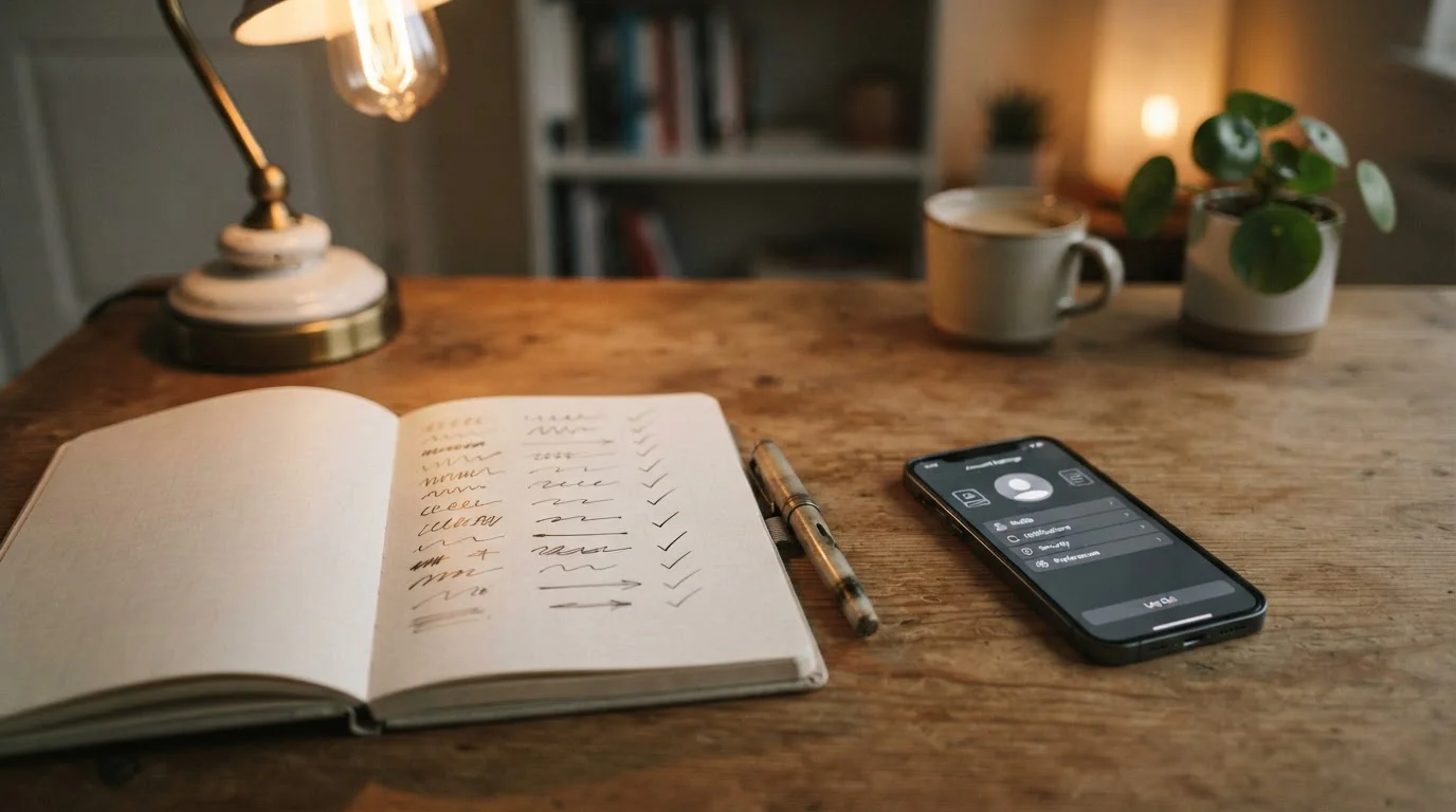 Notizbuch mit Einzahlungsgrenze und Bonusbedingungen neben einem Smartphone
