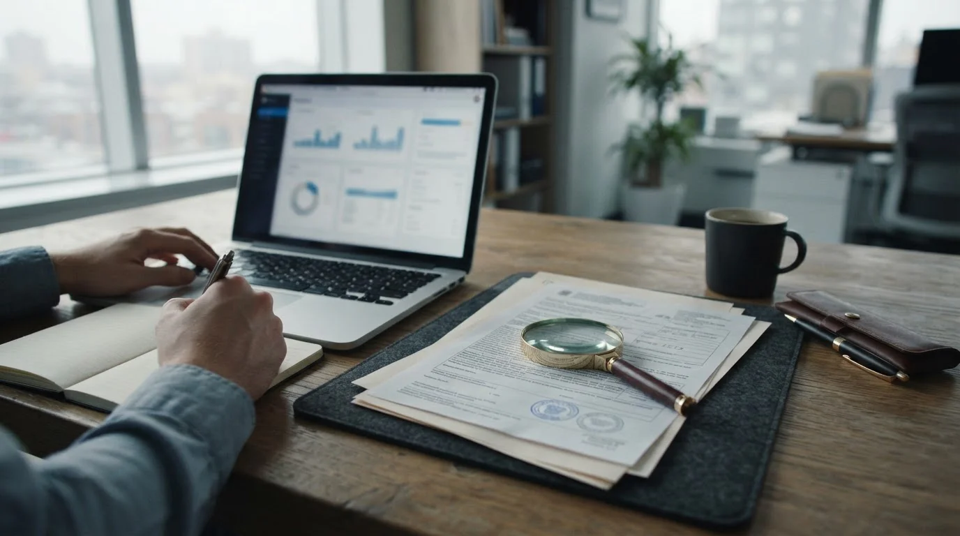 Neutrale Lizenzunterlagen neben einem Laptop ohne Markenlogos