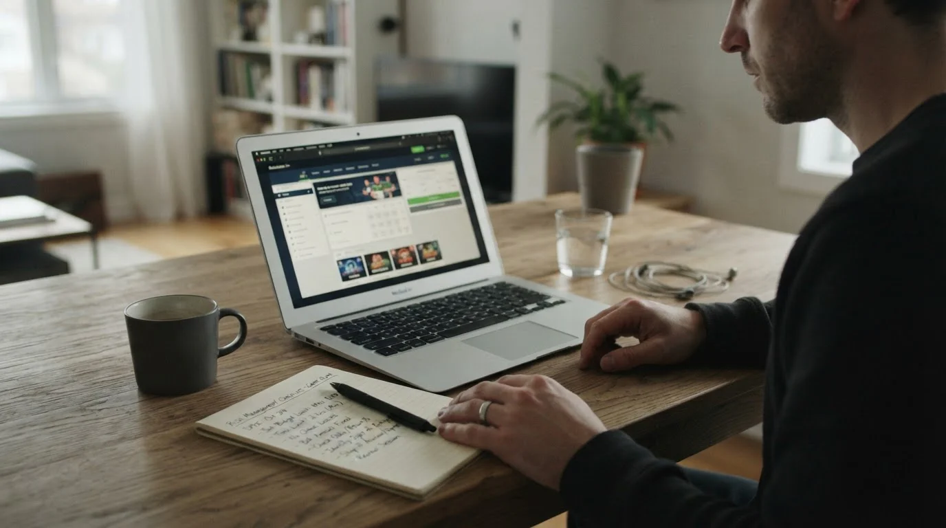 Laptop mit neutraler internationaler Casino-Webseite und Warnhinweisen auf Papier