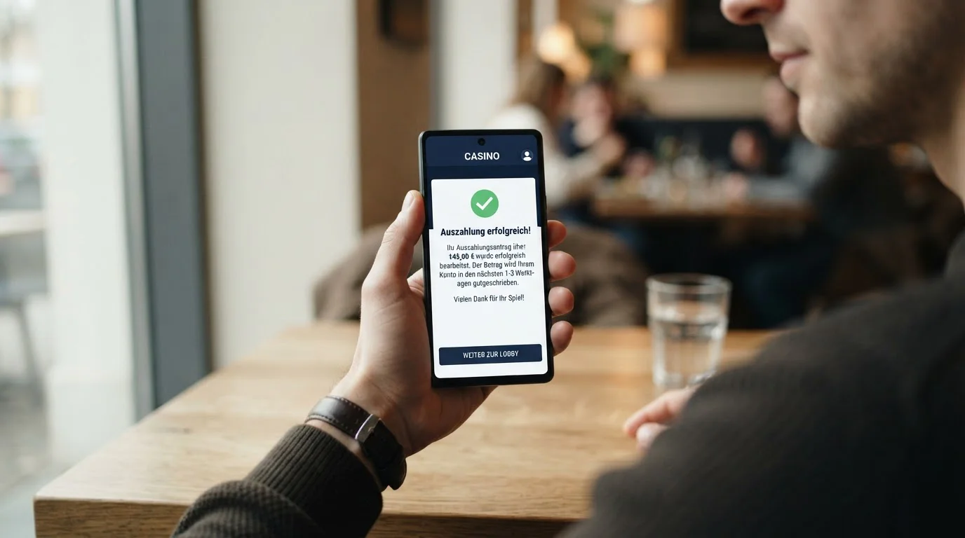 Modernes Smartphone zeigt neutrale Casino-App mit Auszahlungsbestätigung