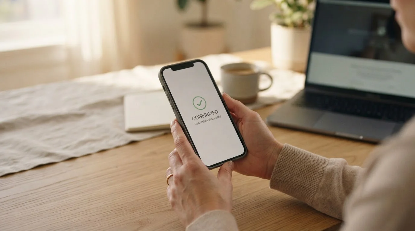 Person bestätigt am Smartphone eine Überweisung im Online-Banking als Casino-Einzahlung