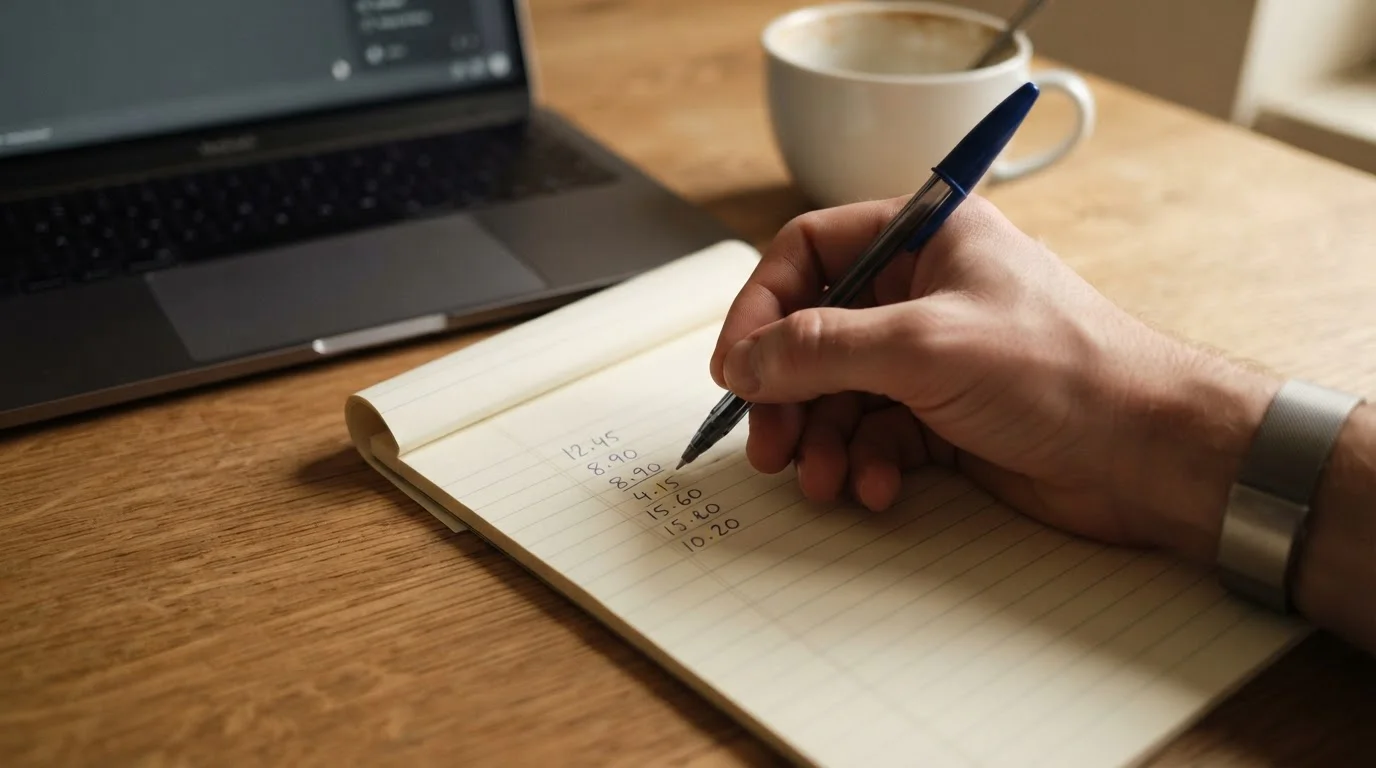 Hand notiert eine Umsatzrechnung mit Stift auf einem Block neben einem Laptop
