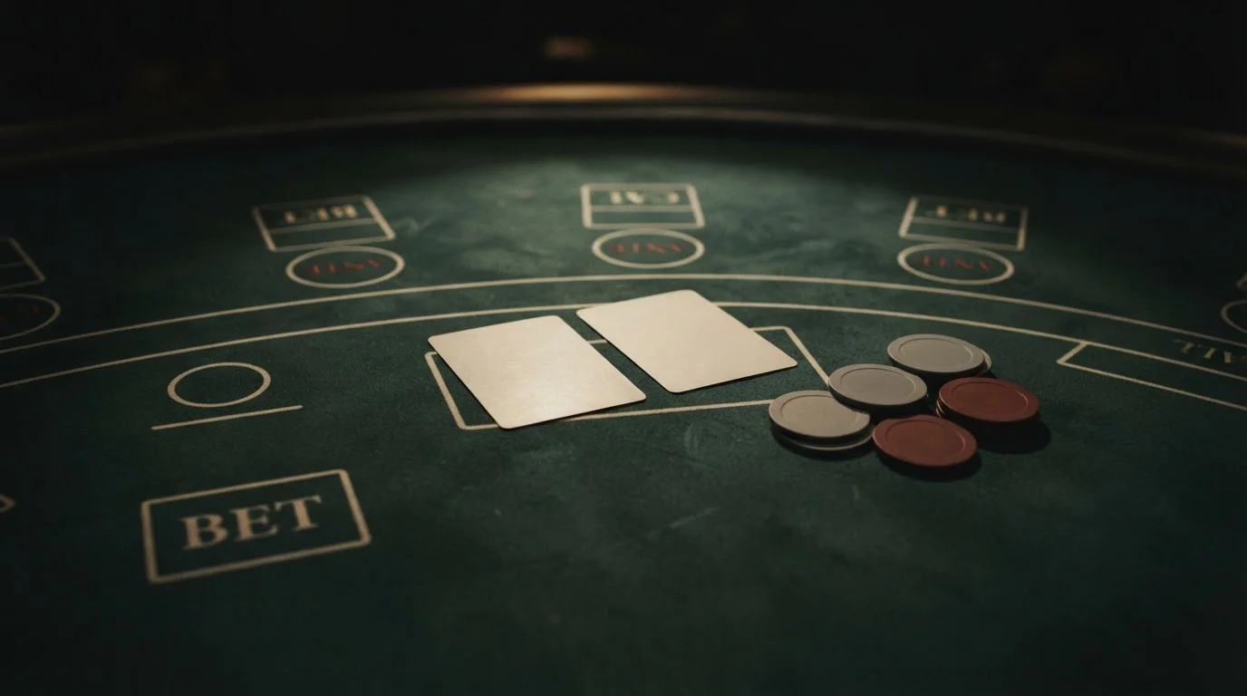 Grüner Spieltisch mit Karten und markenfreien Spielmarken im gedämpften Licht