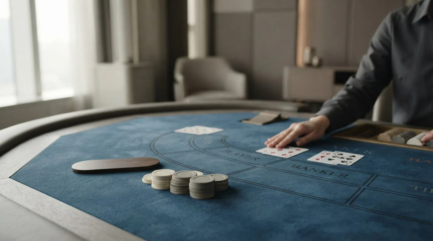 Live-Baccarat-Tisch mit neutraler Studioausstattung und Karten