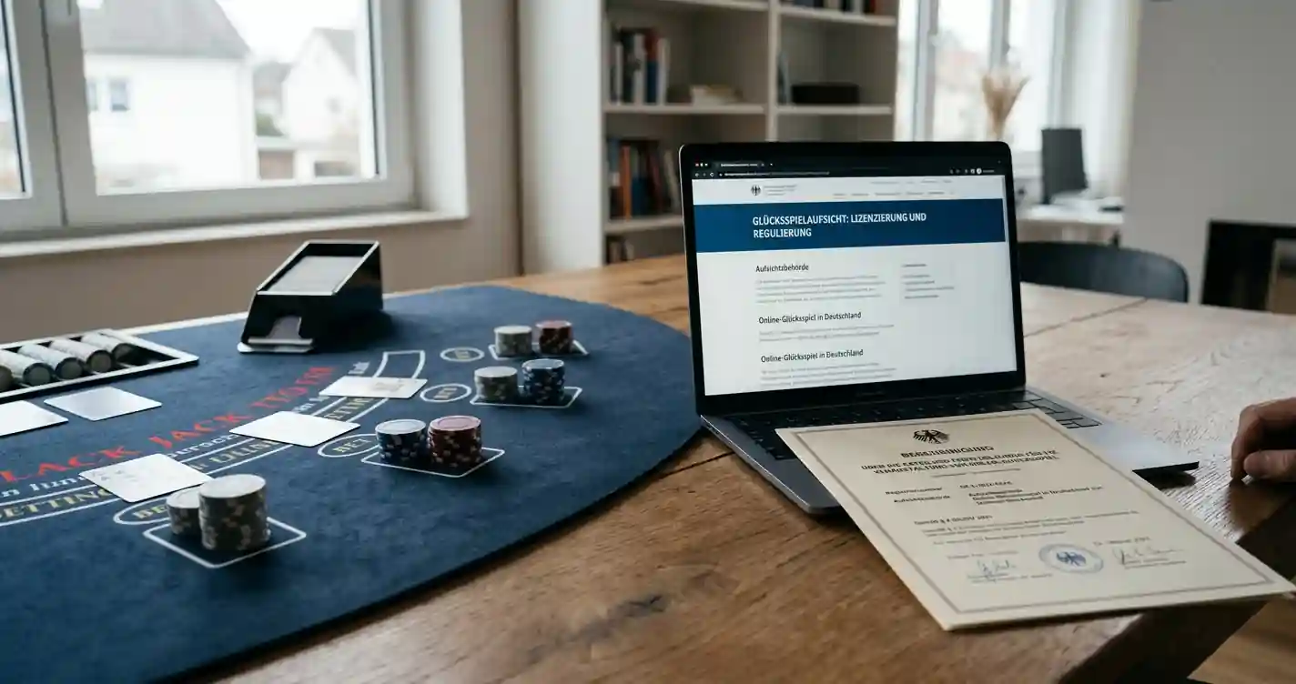 Blackjack-Tisch mit Laptop und neutralem Lizenzdokument in deutscher Umgebung