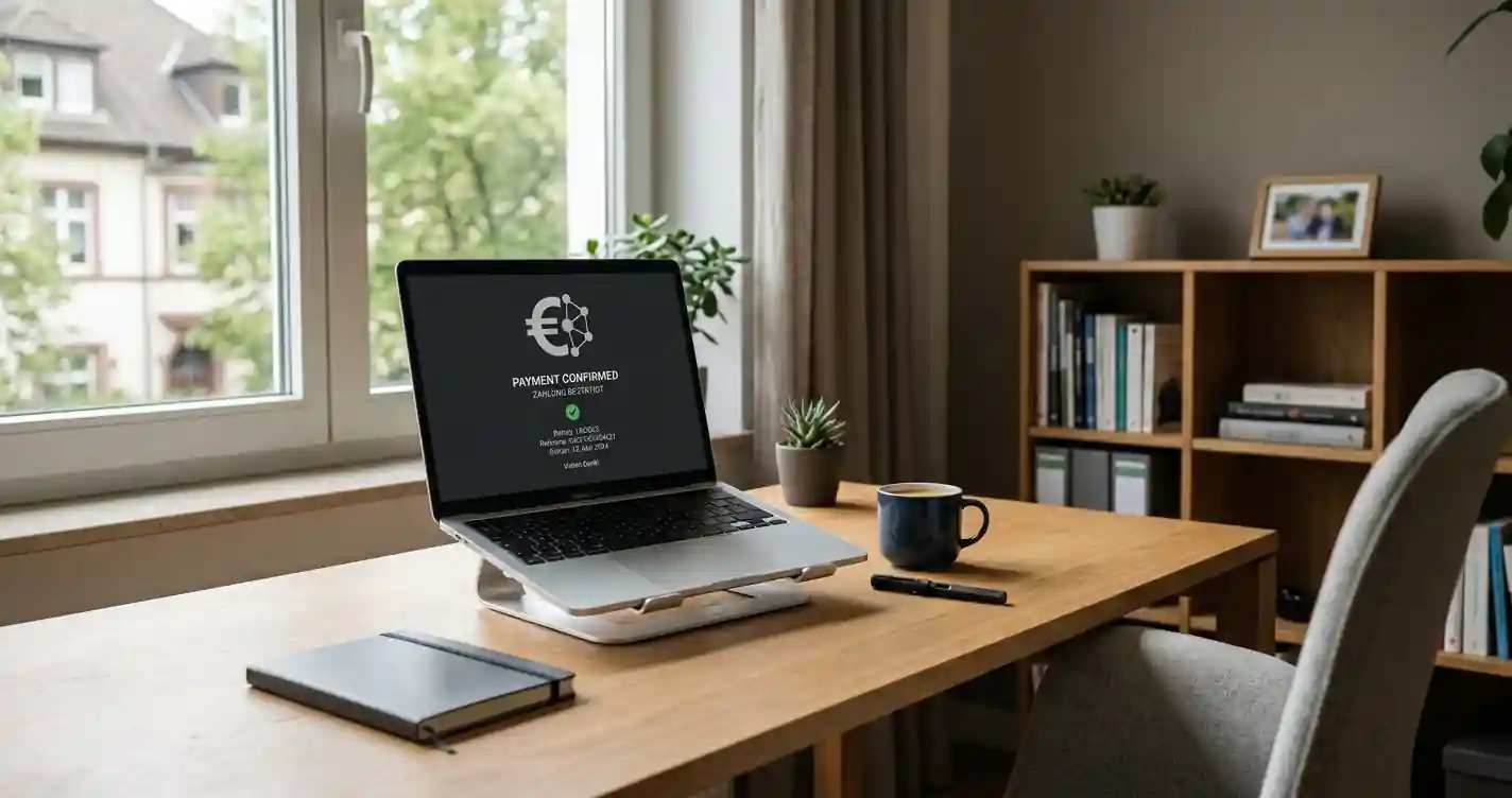 Klarna-Einzahlung im deutschen Online-Casino an einem neutralen Laptop-Arbeitsplatz