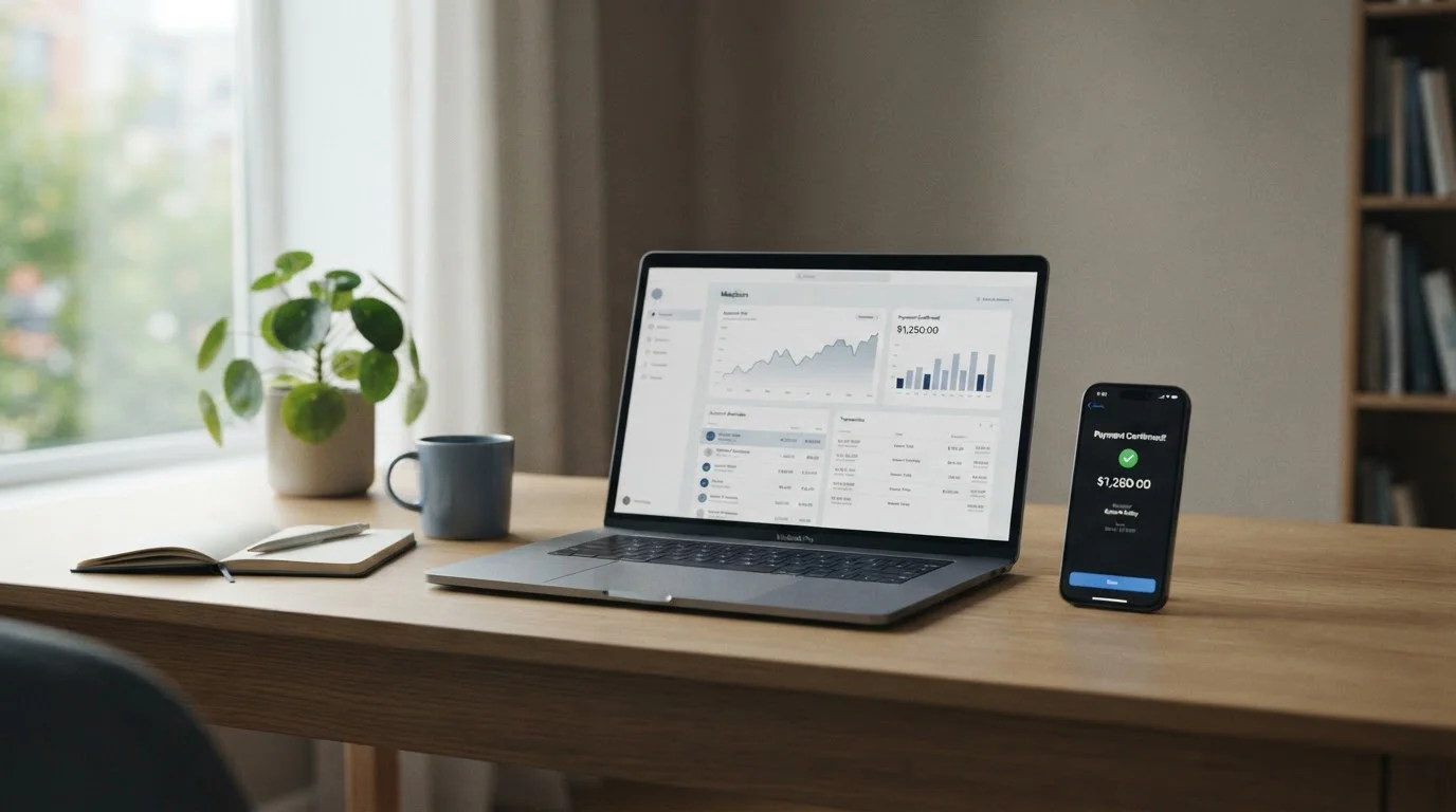 Modernes Banking-Interface auf Laptop-Bildschirm mit Smartphone und neutralem Zahlungsvorgang