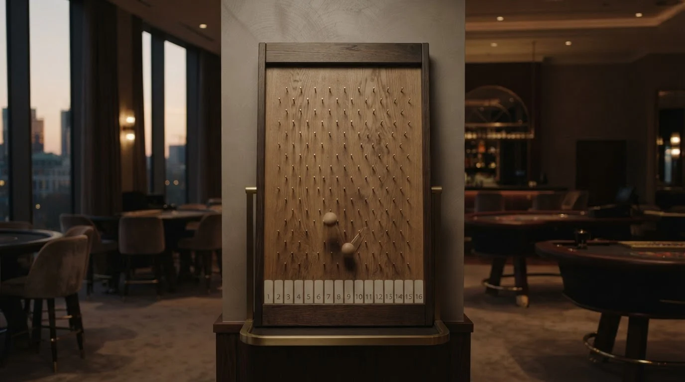 Plinko-Spielbrett mit fallender Kugel und neutralem Casino-Hintergrund