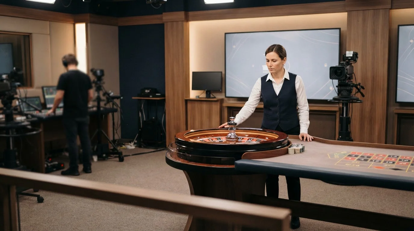 Live-Dealer-Casino mit Roulette-Tisch und neutraler Studiotechnik