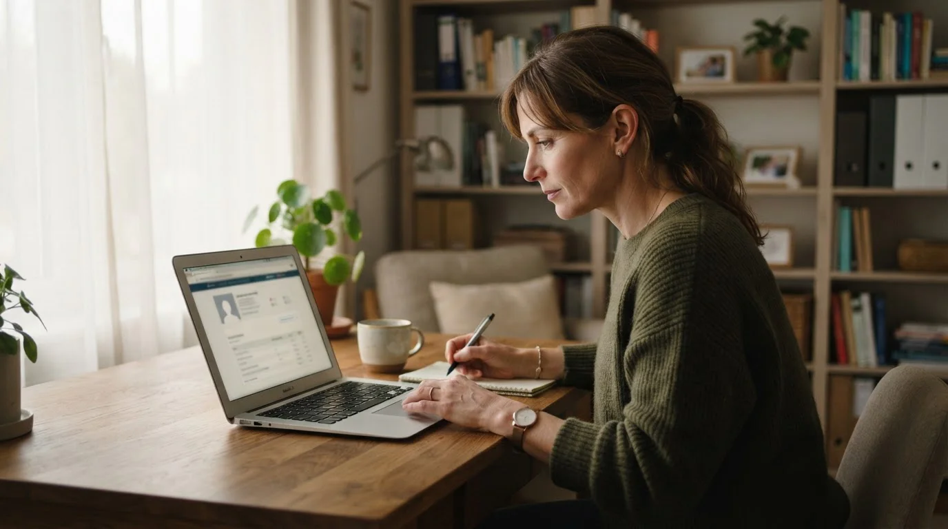Person prüft Betreibername und Lizenzangaben auf einem neutralen Laptop