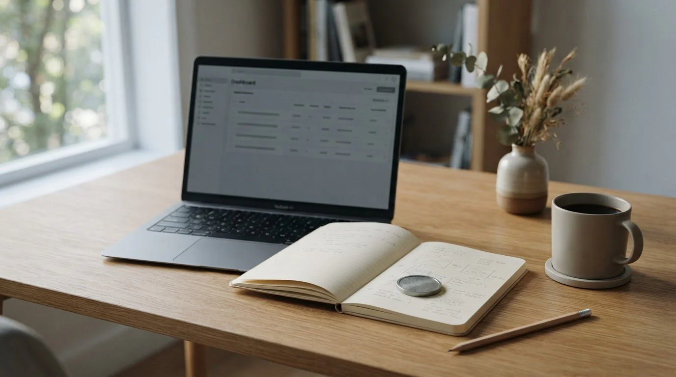 Schreibtisch mit Laptop und Notizbuch für den Bitcoin Cash Casino Vergleich