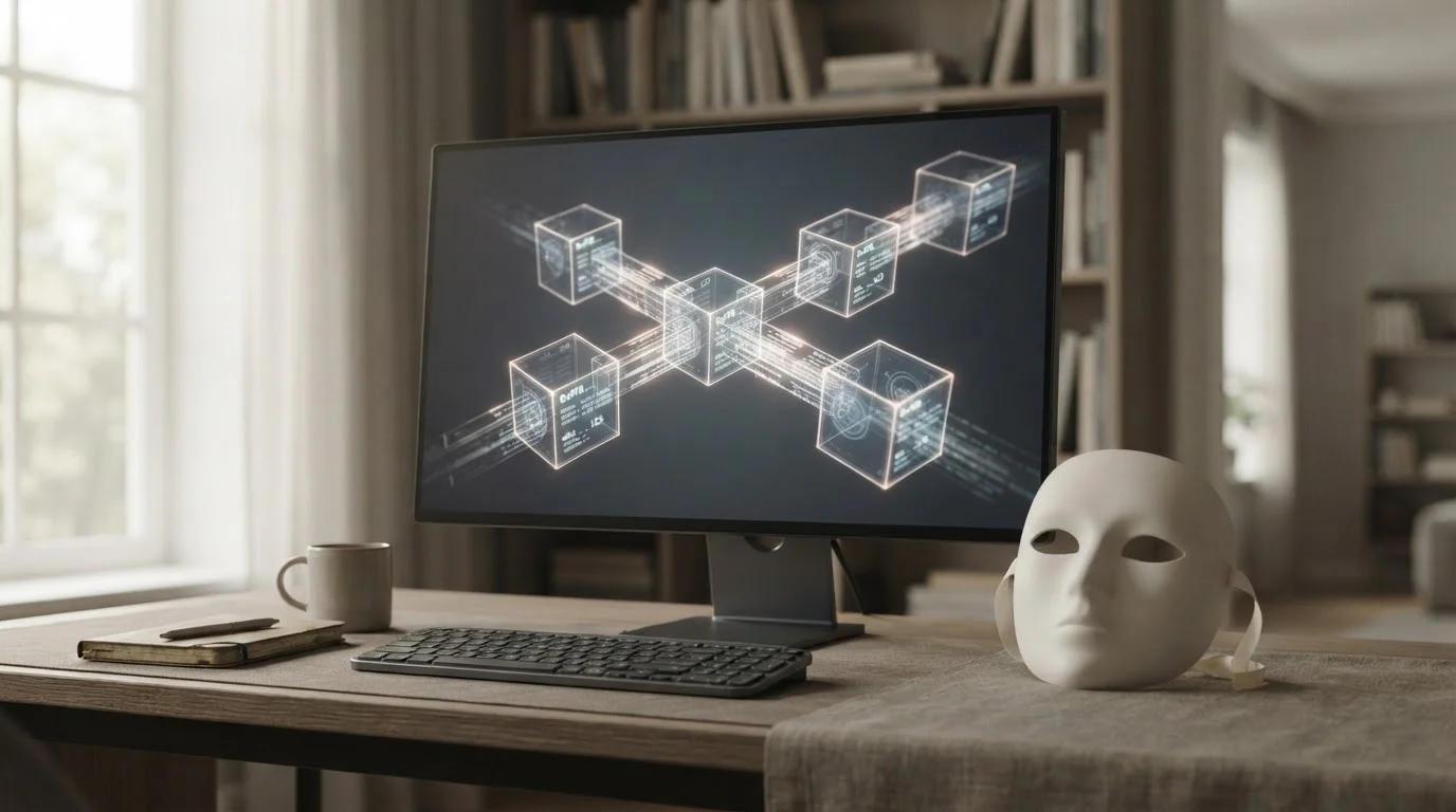 Stilisierte Blockchain-Visualisierung auf einem Monitor: eine Kette von miteinander verbundenen transparenten Blöcken mit sichtbaren Transaktionsdaten und Wallet-Adressen, daneben eine Maske als Symbol für Pseudonymität