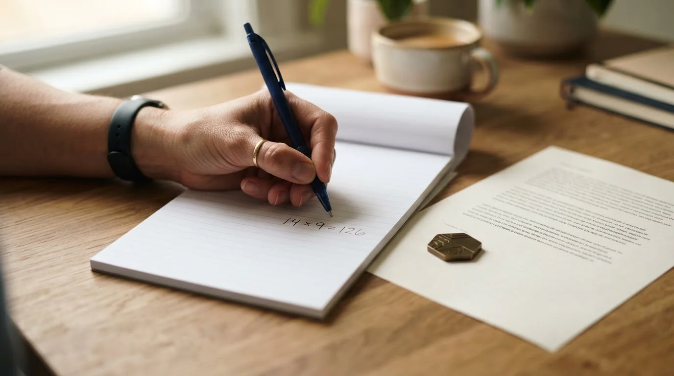 Hand mit Stift neben einem neutralen Umsatzschema auf Papier