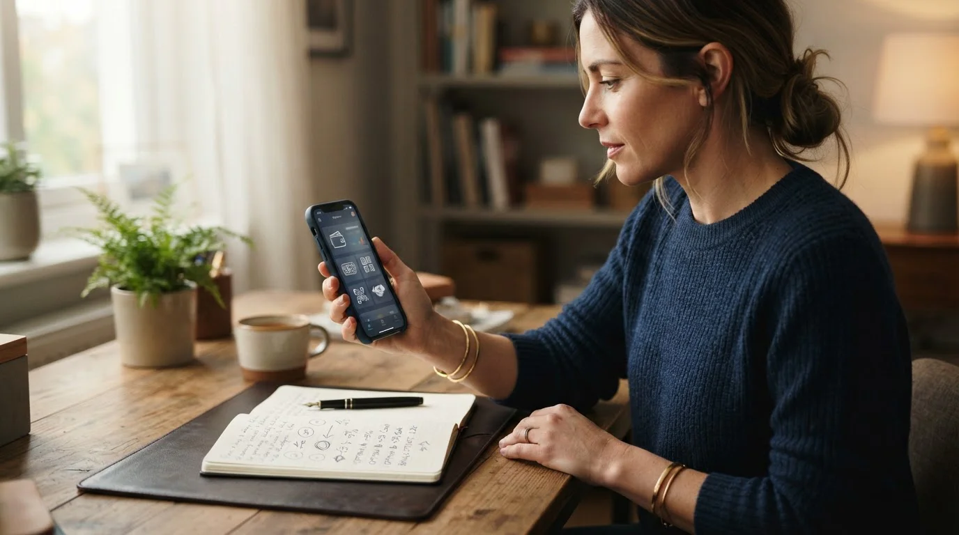 Person prüft Zahlungsarten auf einem neutralen Smartphone neben einem schriftlichen Bonusvergleich