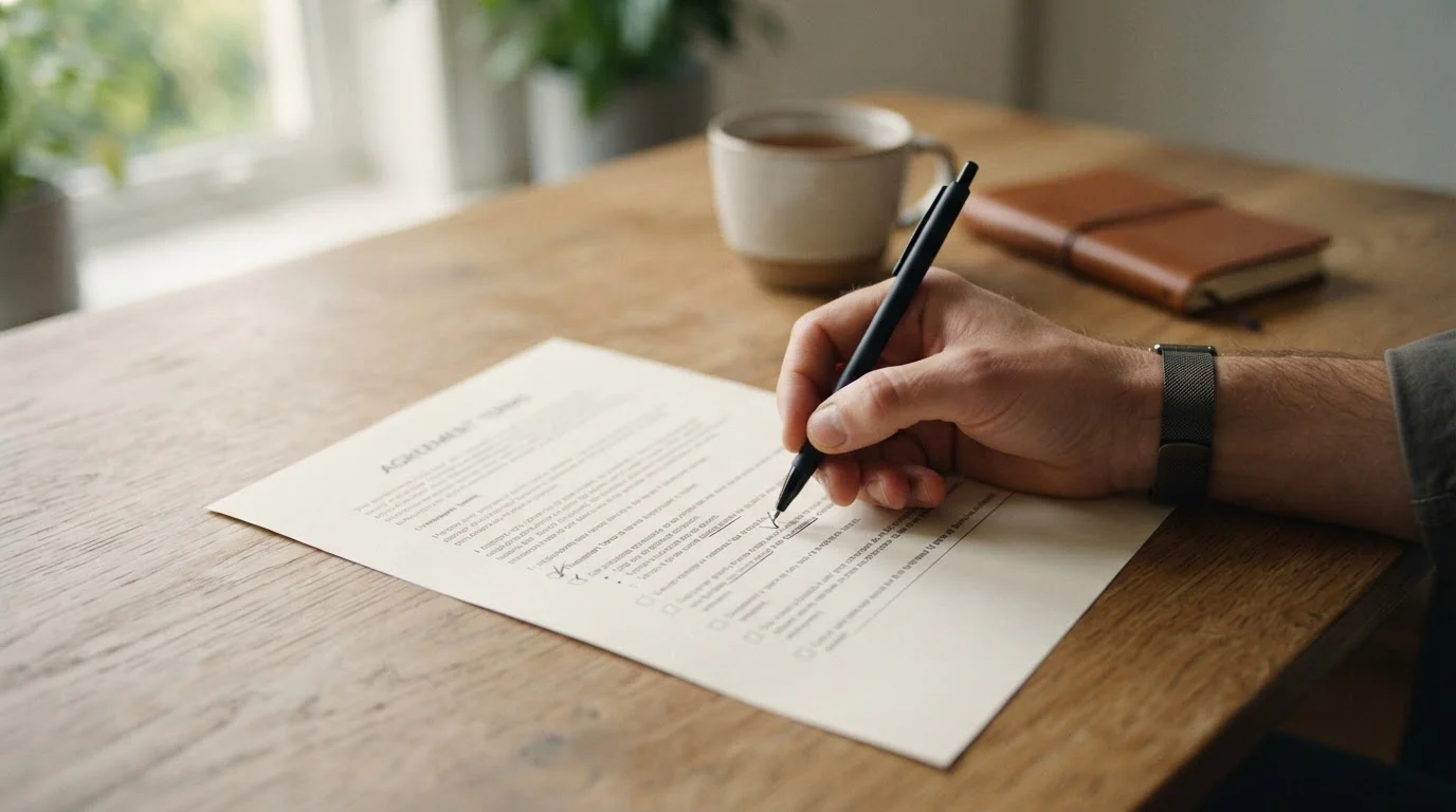 Hand mit Stift neben übersichtlichen Bonusbedingungen auf Papier