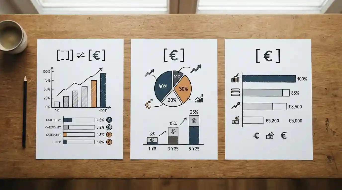 Drei schlichte Einzahlungsszenarien auf Papier mit Prozentzeichen und Euro-Symbolen