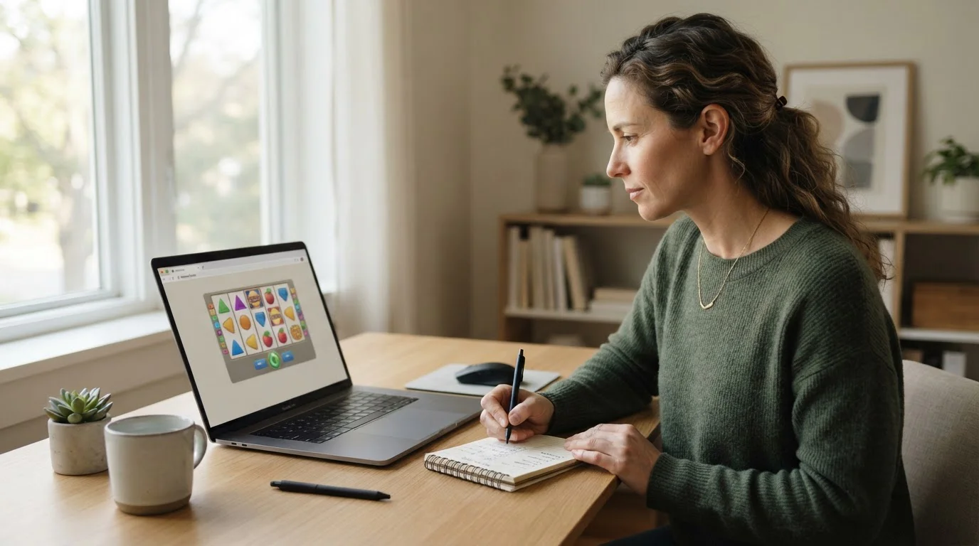 Laptop mit neutraler Slot-Demo und daneben notierten Prüffeldern