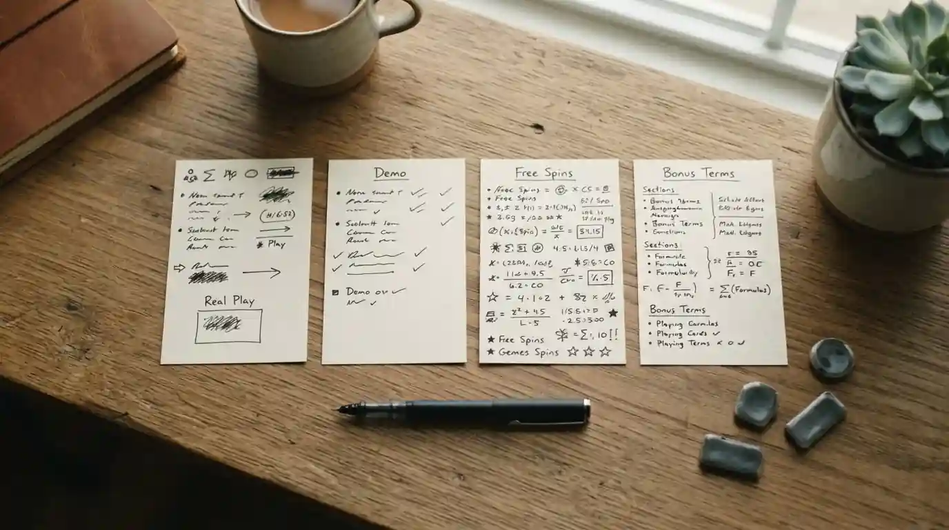 Notizbuch mit getrennten Begriffen für Echtgeld, Demo, Freispiele und Bonus