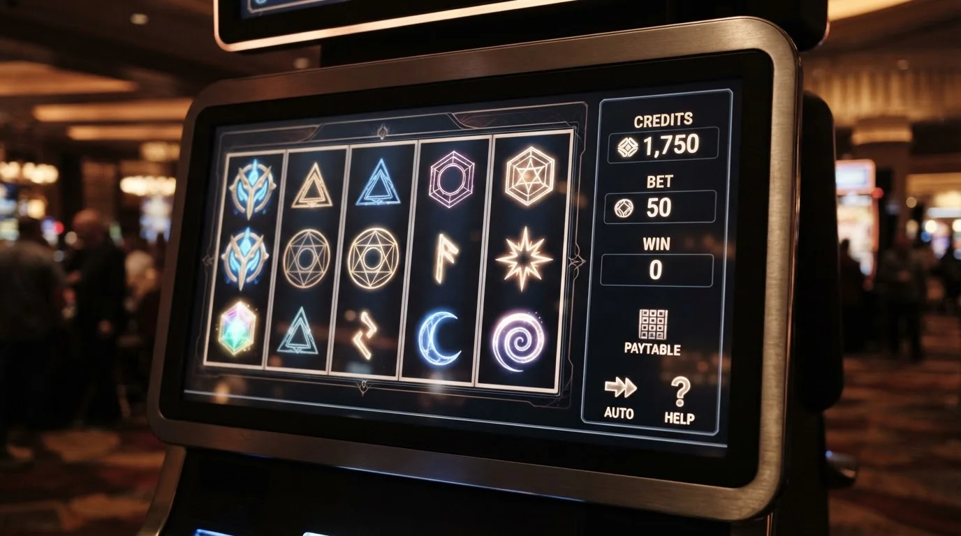 Neutrale Spielautomaten-Walzen mit sichtbarer Spielinformation auf einem Bildschirm