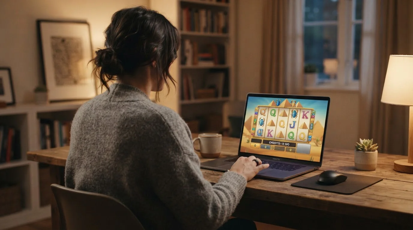 Person testet einen Spielautomaten im Browser mit klar getrenntem Demo-Guthaben