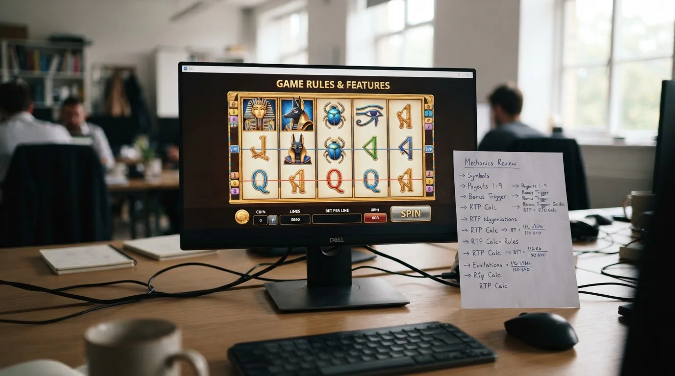 Spielhilfe eines Spielautomaten mit Walzen, Symbolen und Regelübersicht
