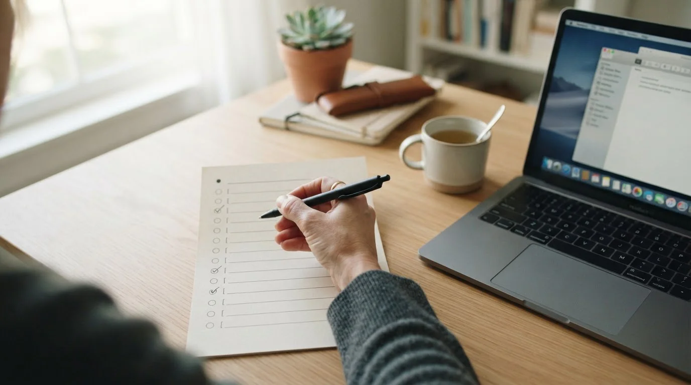 Overhead-Aufnahme einer Hand, die eine Papier-Checkliste neben einem Laptop abhakt