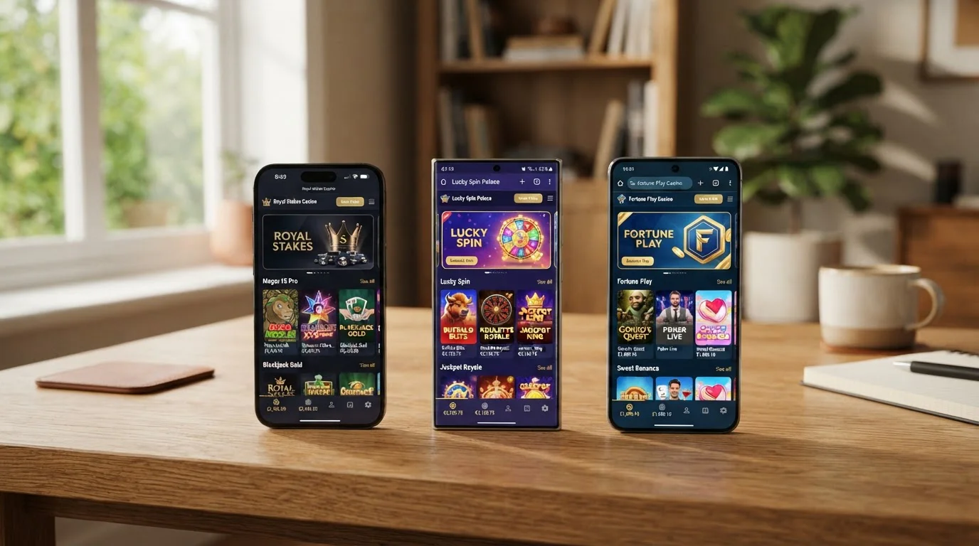 Vergleichsansicht mehrerer Casino-Apps auf Smartphones nebeneinander