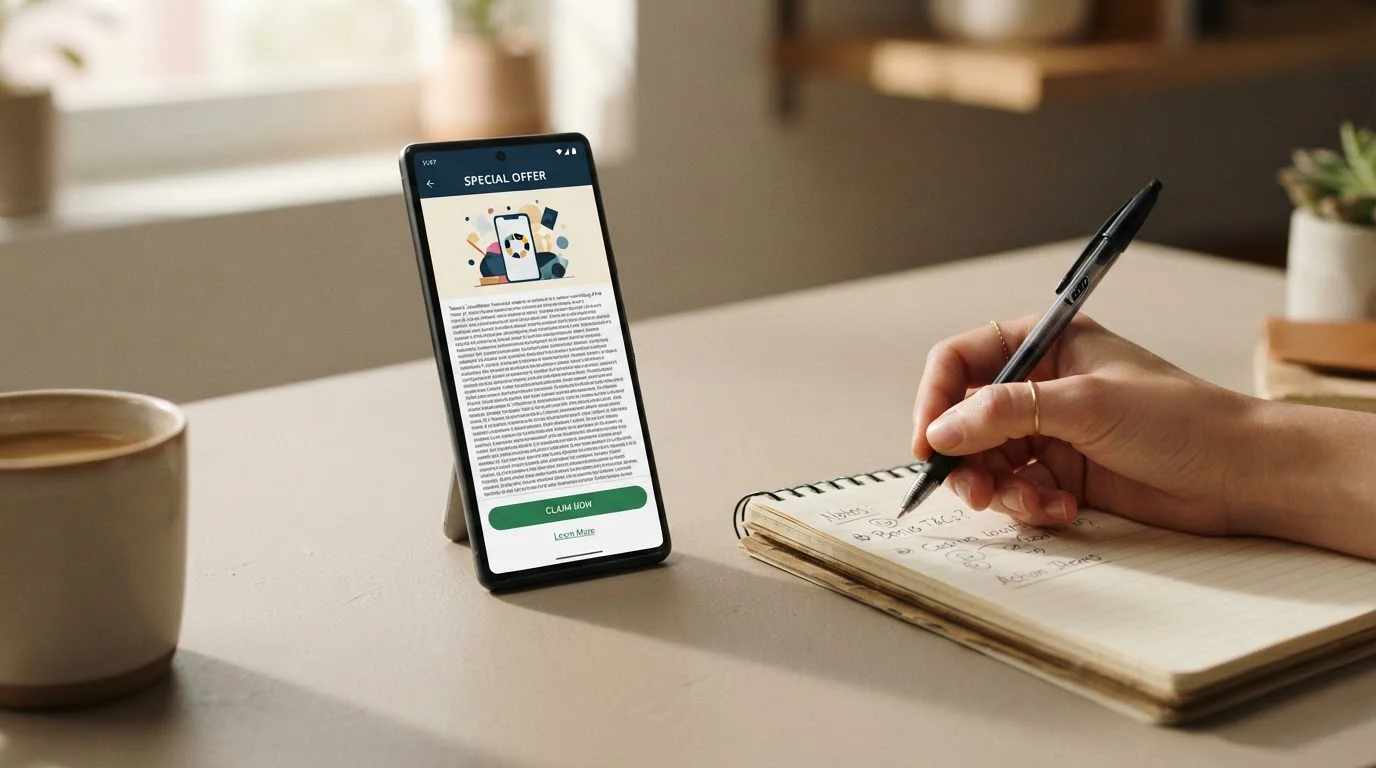 Smartphone zeigt Bonusangebot-Bildschirm, Person liest Bedingungen mit Stift in der Hand