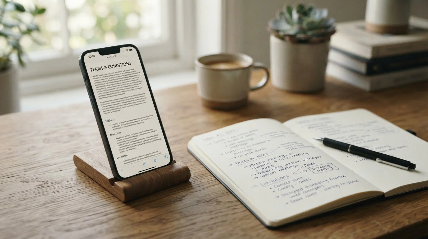Neutrale Bonusbedingungen auf einem Smartphone neben Spielnotizen