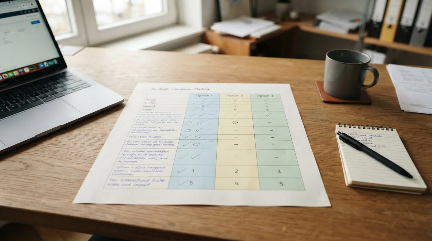 Sachliche Entscheidungsmatrix mit grünen, gelben und roten Prüfmarkierungen auf Papier