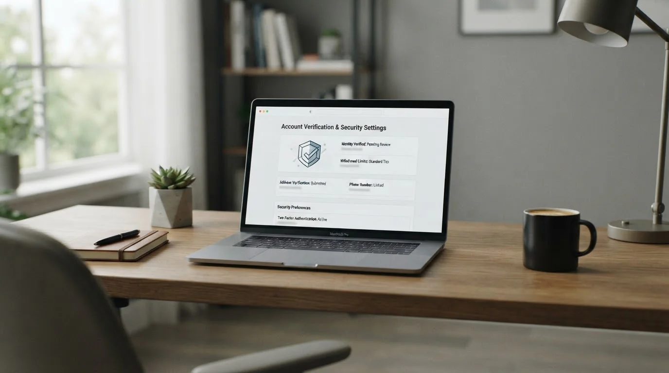 Laptop mit neutraler Kontoansicht und sicherem Datenschutz-Hinweis