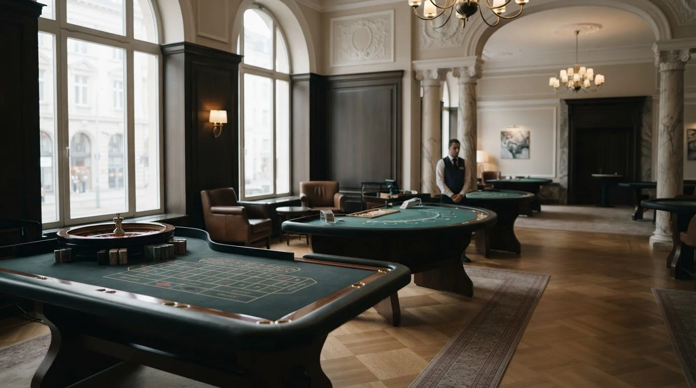 Neutrales deutsches Casino mit Spieltisch und sachlicher Atmosphäre