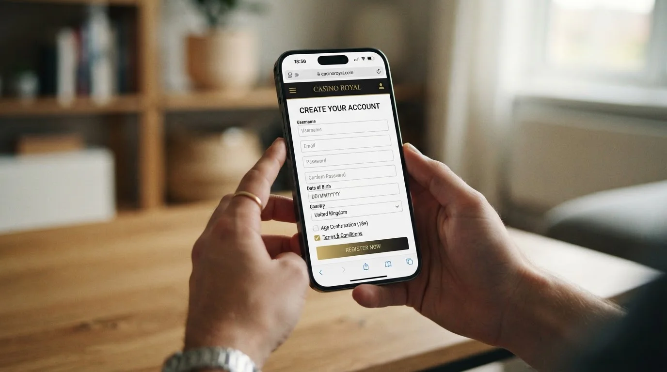 Smartphone zeigt Casino-Registrierungsformular im Browser
