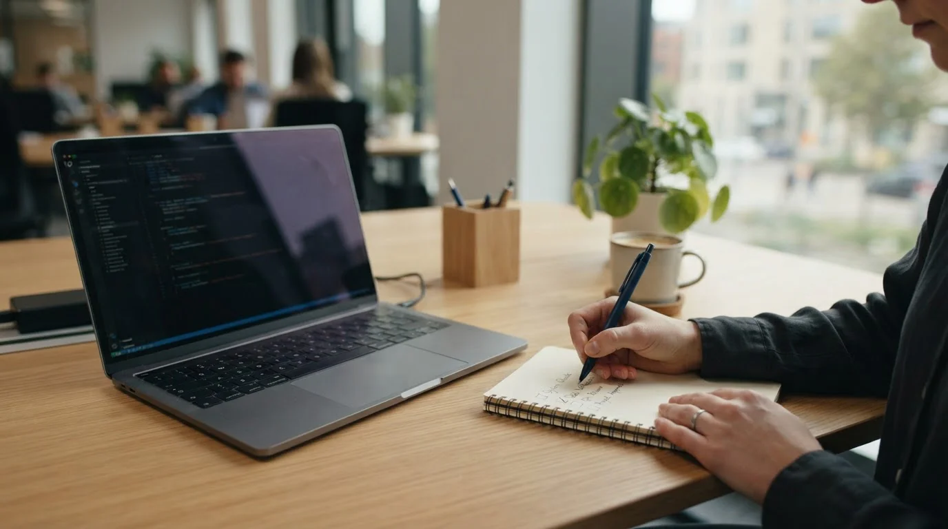 Handschriftliche Prüfliste neben neutralem Laptop