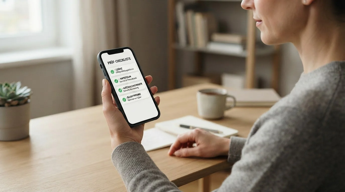 Smartphone in einer Hand mit einer abhakbaren Prüf-Checkliste für Lizenz, Impressum, Auszahlungsdauer und Selbstsperre