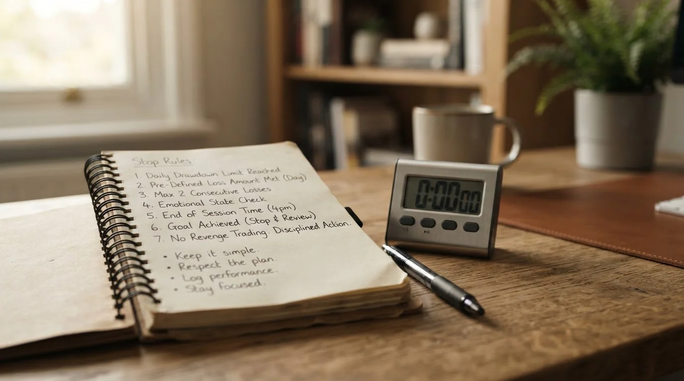 Handschriftliche Stop-Regeln neben einer neutralen Multiplikator-Anzeige