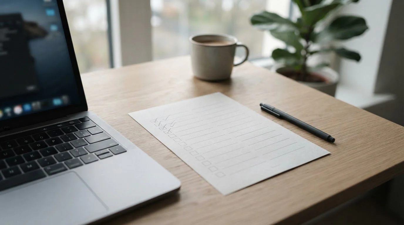 Checkliste mit neutralen Prüfsymbolen für Betreiber, Domain und Lizenzstatus
