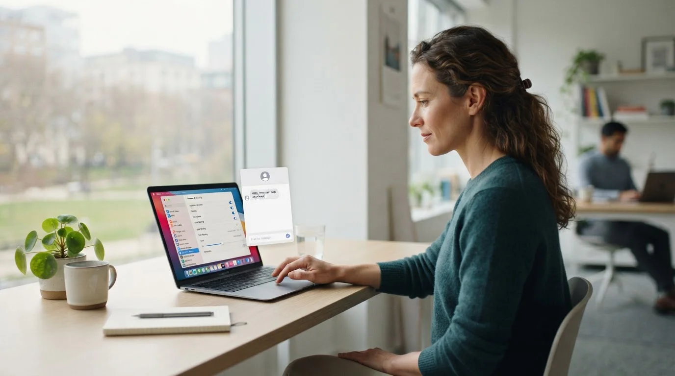 Person am Laptop mit datensparsamen Einstellungen und neutralem Supportfenster