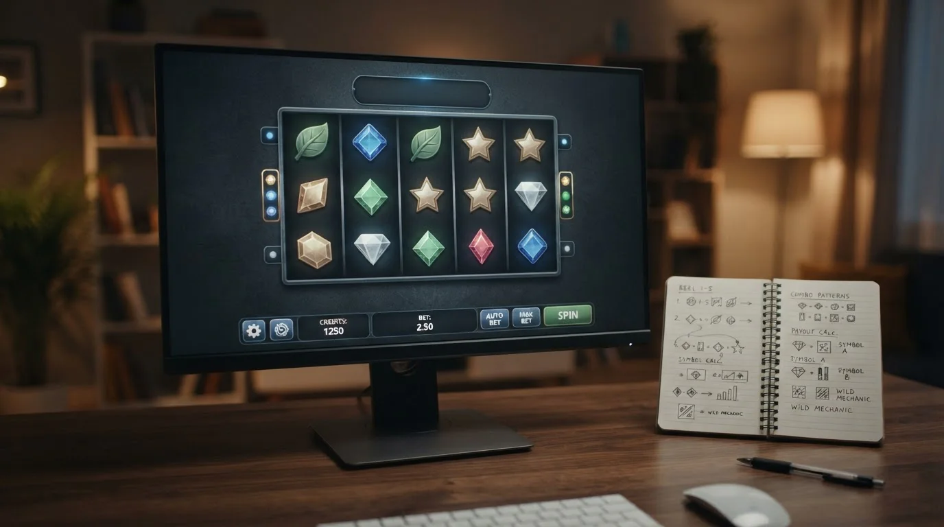 Neutrale Slot-Oberflaeche auf einem Monitor mit Notizblock zur Erklaerung