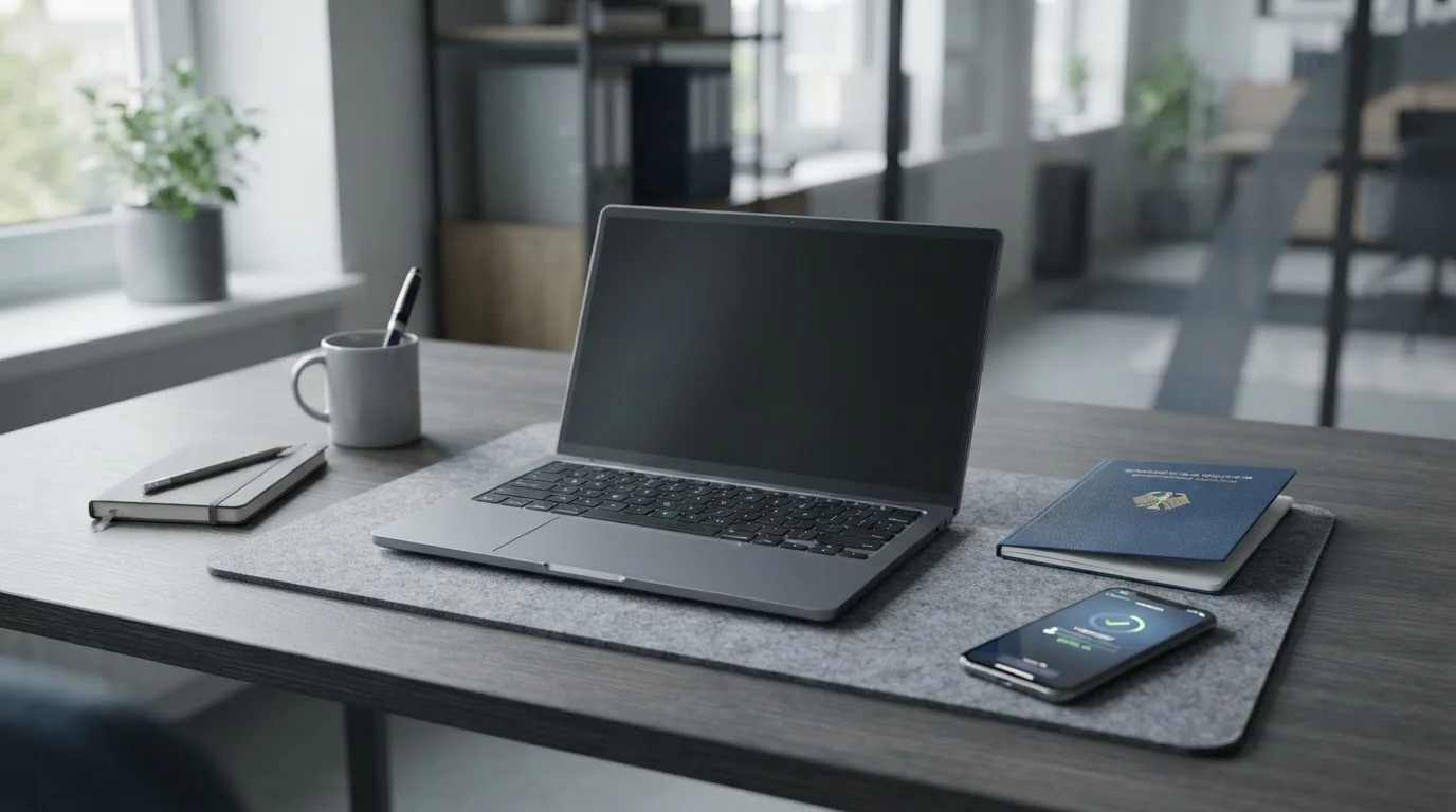 Neutrales Dokument mit deutscher Erlaubnisangabe auf einem Schreibtisch neben einem Smartphone